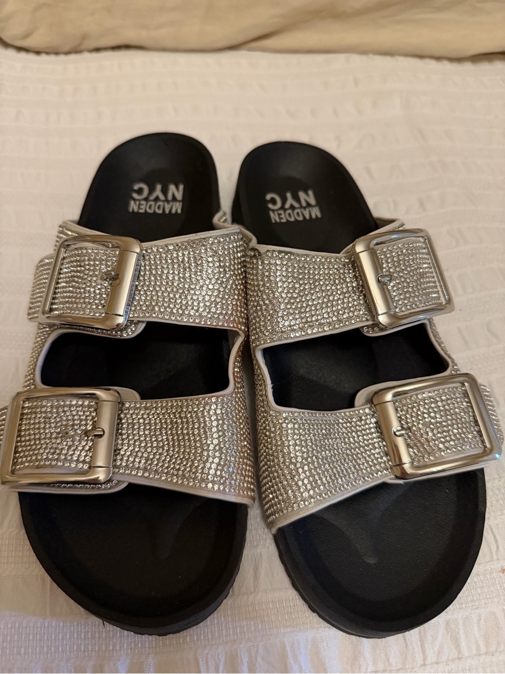Madden NYC Silver Rhinestone Double-Buckle Slide Sandals